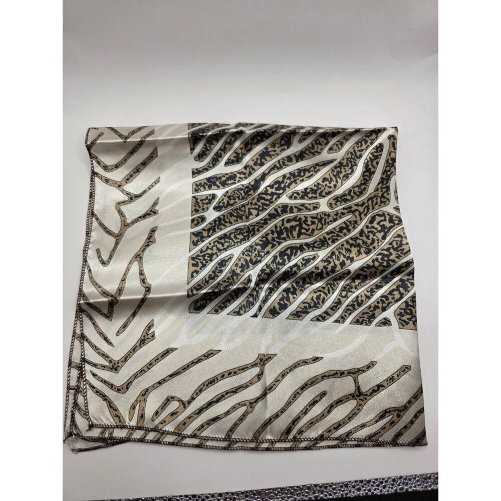 Women's Scarf Beige Black Brown 21x21" Animal Print Square Silky Satin